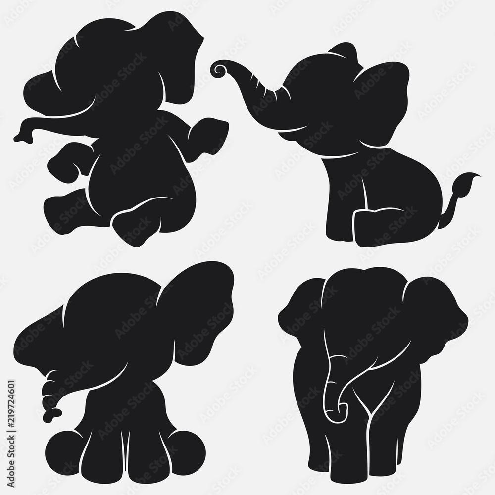 Fototapeta premium Zestaw kreskówka sylwetki słonia z różnymi pozami i wyrażeniami