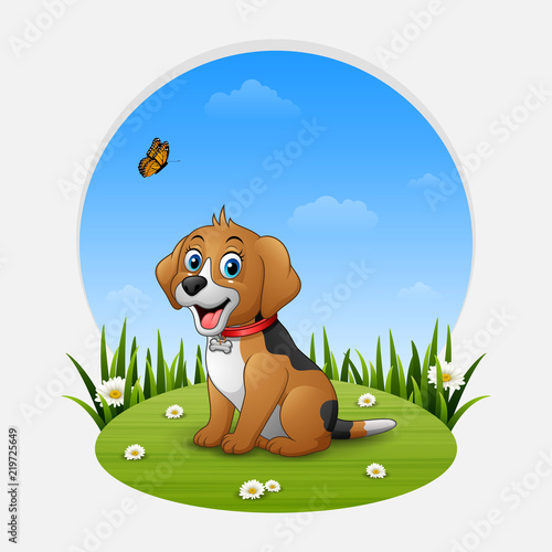 Cartoon happy dog sitting on the grass