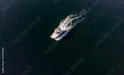 Top view of a white motor boat