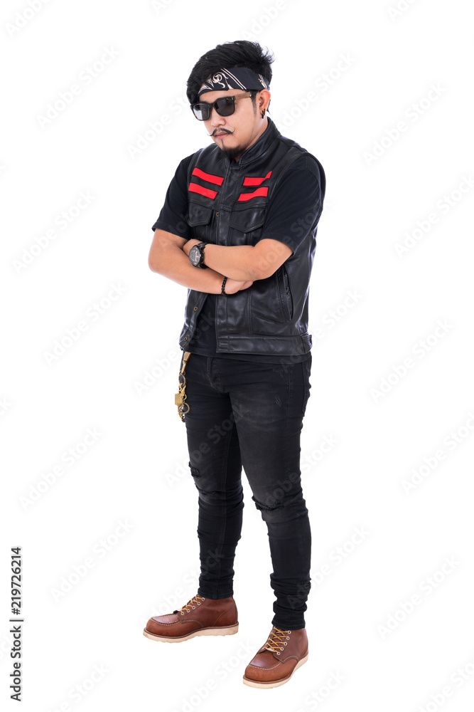 biker man in black leather jacket with arms crossed isolated on white background biker man in black leather jacket with arms crossed isolated on white background