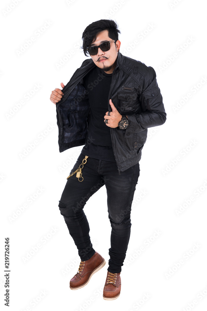 biker man in black leather jacket isolated on white background biker man in black leather jacket isolated on white background