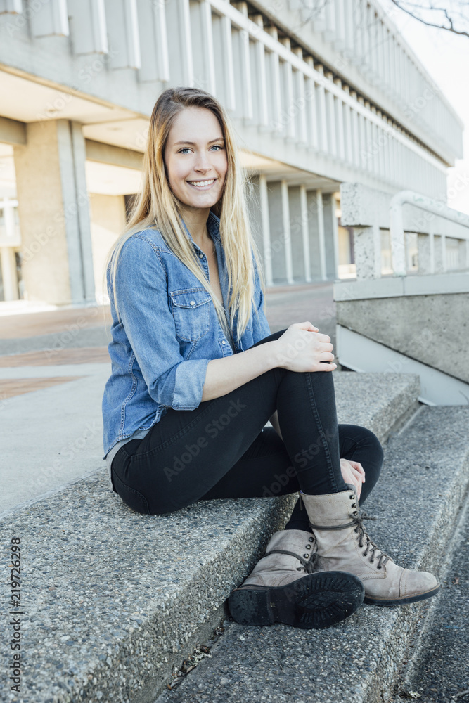 Fototapeta premium Caucasian Blonde Student Hanging Out At School