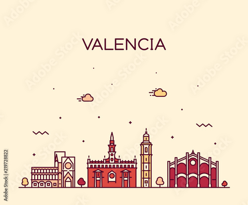 Valencia skyline Spain vector city linear style