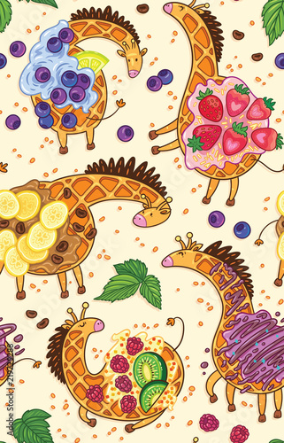 Fantasy belgian waffle in the form of a giraffe with whipped cream, berries and fruits. Vector seamless pattern