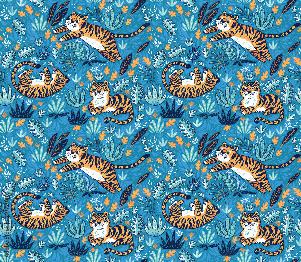 Fototapeta premium Cute tigers playing together seamless pattern. Tropical vector surface background