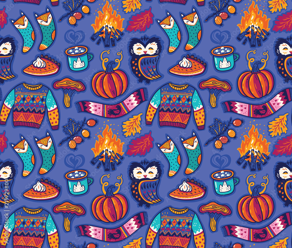 Fototapeta premium Seamless autumn pattern with pumpkin, jumper and coffee. Hugge season. Vector illustration