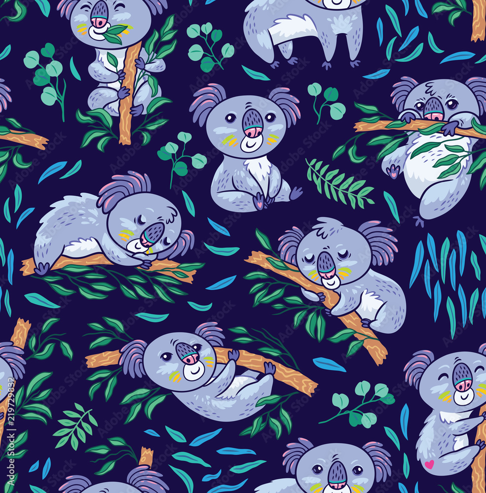 Fun koalas in the eucalyptus seamless pattern. Hand drawn vector illustration Fun koalas in the eucalyptus seamless pattern. Hand drawn vector illustration