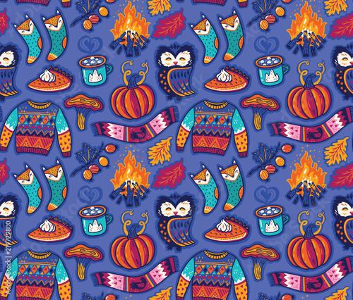 Seamless autumn pattern with pumpkin, jumper and coffee. Hugge season. Vector illustration