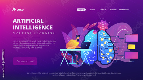Brain with digital circuit and programmer with laptop. Machine learning, artificial intelligence, digital brain and artificial thinking process concept, violet palette. Vector landing page.