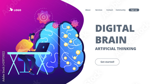 Brain with digital circuit and programmer with laptop. Machine learning, artificial intelligence, digital brain and artificial thinking process concept, violet palette. Vector landing page.