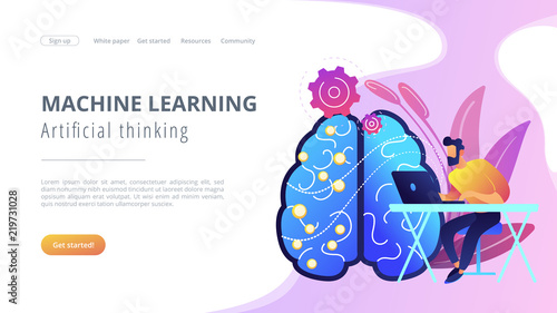 Brain with digital circuit and programmer with laptop. Machine learning, artificial intelligence, digital brain and artificial thinking process concept, violet palette. Vector landing page.