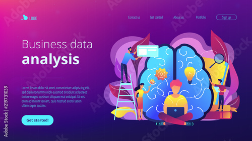 Business analyst working on laptop with business intelligence. Business data analysis  data management  database technologies and analysis tools concept  violet palette. Vector landing page.