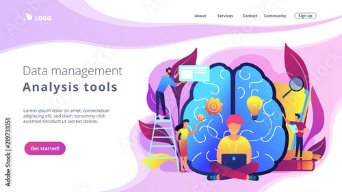 Business analyst working on laptop with business intelligence. Business data analysis, data management, database technologies and analysis tools concept, violet palette. Vector landing page.