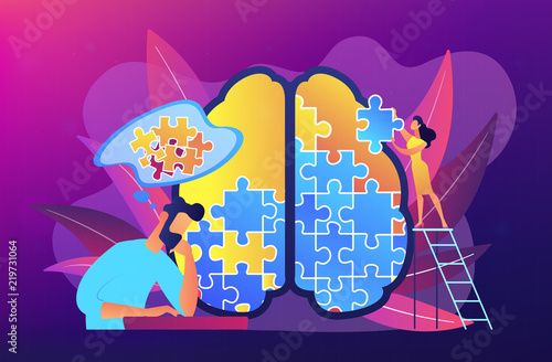 Man doing human brain puzzle. Psychology and psychotherapy session, mental healing and wellbeing, therapist counselling mental illness and difficulties. Vector illustration on ultraviolet background.