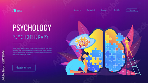 Man doing human brain puzzle. Psychology and psychotherapy landing page. Mental healing and wellbeing, therapist counselling, mental difficulties. Vector illustration on ultraviolet background.
