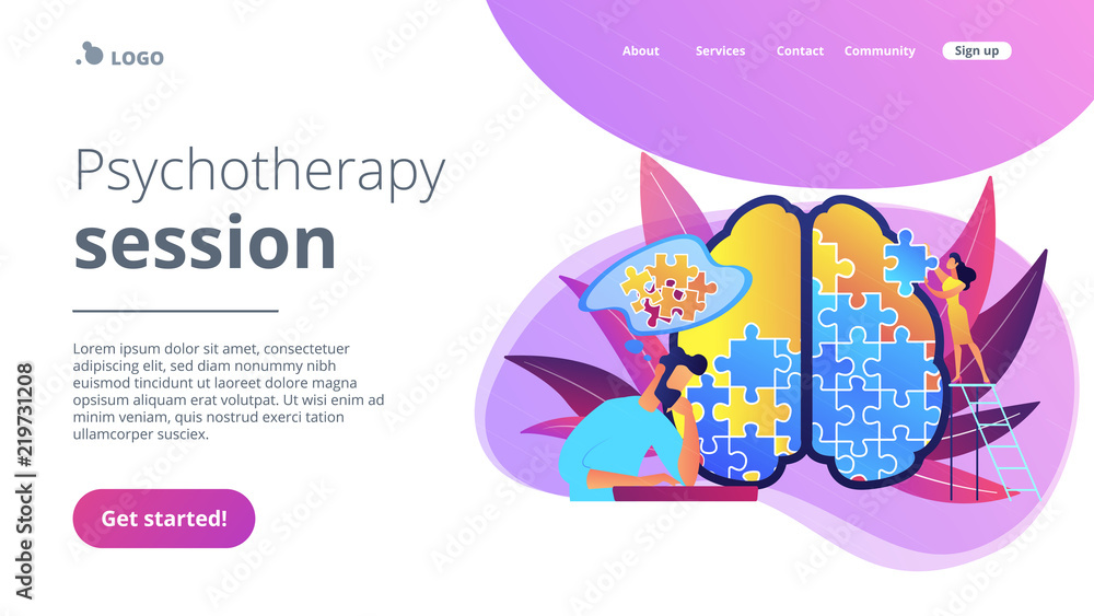 Man doing human brain puzzle. Psychotherapy session landing page. Psychology and mental healing, wellbeing and therapist counselling, mental difficulty violet palette. Vector isolated illustration. Man doing human brain puzzle. Psychotherapy session landing page. Psychology and mental healing, wellbeing and therapist counselling, mental difficulty violet palette. Vector isolated illustration.