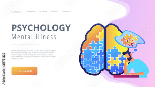 Man doing human brain puzzle. Psychology and mental illness landing page. Psychotherapy and mental healing, therapist counselling, mental difficulty violet palette. Vector isolated illustration.