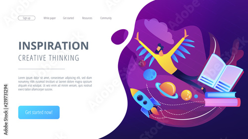 Open book, user flying in space among planets. Inspiration and creative thinking landing page. Imagination and vision, fantasy, motivation concept. Vector illustration on ultraviolet background.