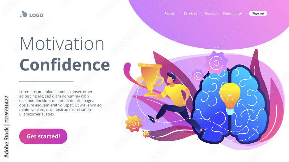 Brain with bulb and user jumps carrying cup. Motivation and confidence concept landing page. Challenge and move for success, motivation and goals achievement, violet palette. Vector illustration.
