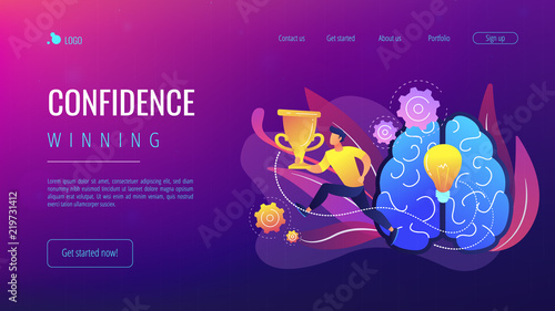 Brain with bulb and user carrying cup. Confidence and winning concept landing page. Challenge and move for success, motivation and goals achievement. Vector illustration on ultraviolet background.