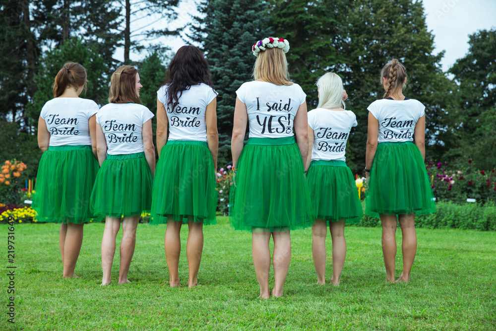 Bride team party with 6 girls at national botanic garden. Stock Photo ...