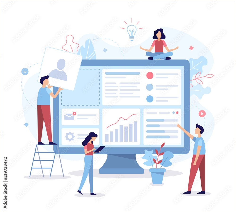 The team of web developers constructs a personal user account or admin panel for the website. Flat vector illustration.