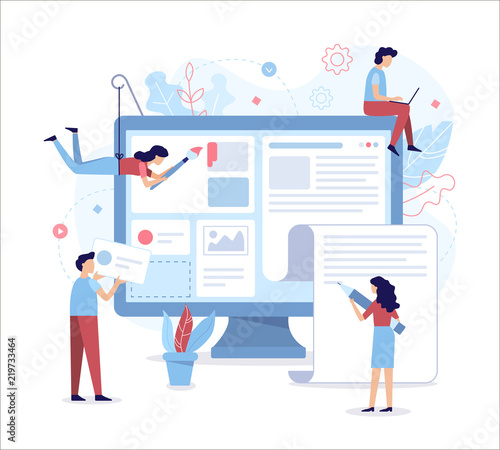 A team of web developers designs a news portal or information website. Flat vector illustration.