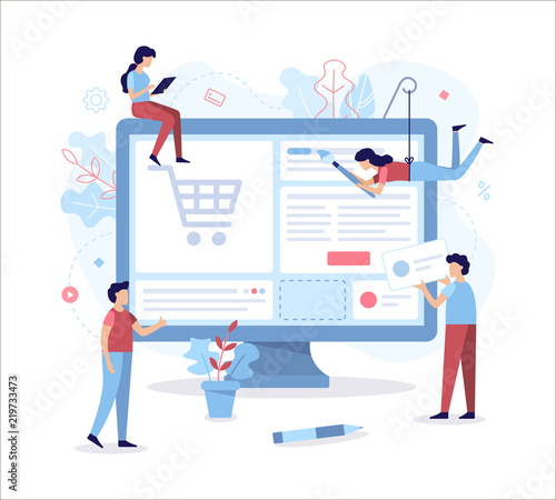 A team of web developers design an online store. Teamwork project. Flat vector illustration.