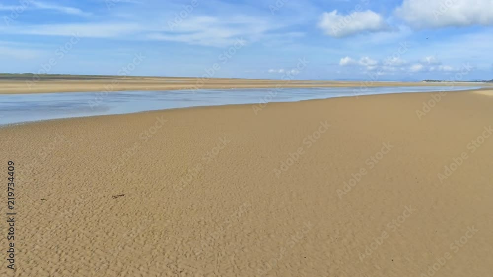 Aerial view, sideways move. Drone panorama over low tide sea and sand. Flock of birds fly in front of camera Aerial view, sideways move. Drone panorama over low tide sea and sand. Flock of birds fly in front of camera