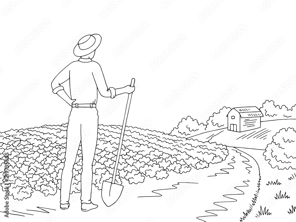 Farm graphic black white landscape sketch illustration vector. Farmer