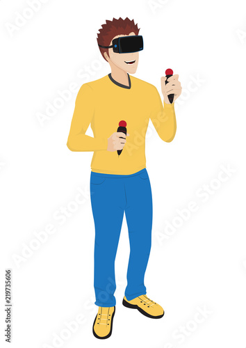Guy play with VR and joypad