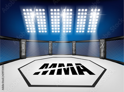 Empty Cage martial arts fighting arena stage with Lighting style:mma