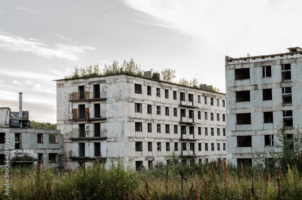 Abandoned city. Empty buildings. Post apocalyptic city