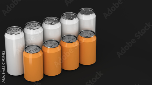  White and orange soda cans standing in two raws on black background