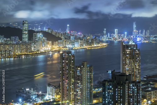 Skyline of Victoria harbor of Hong Kong City at night