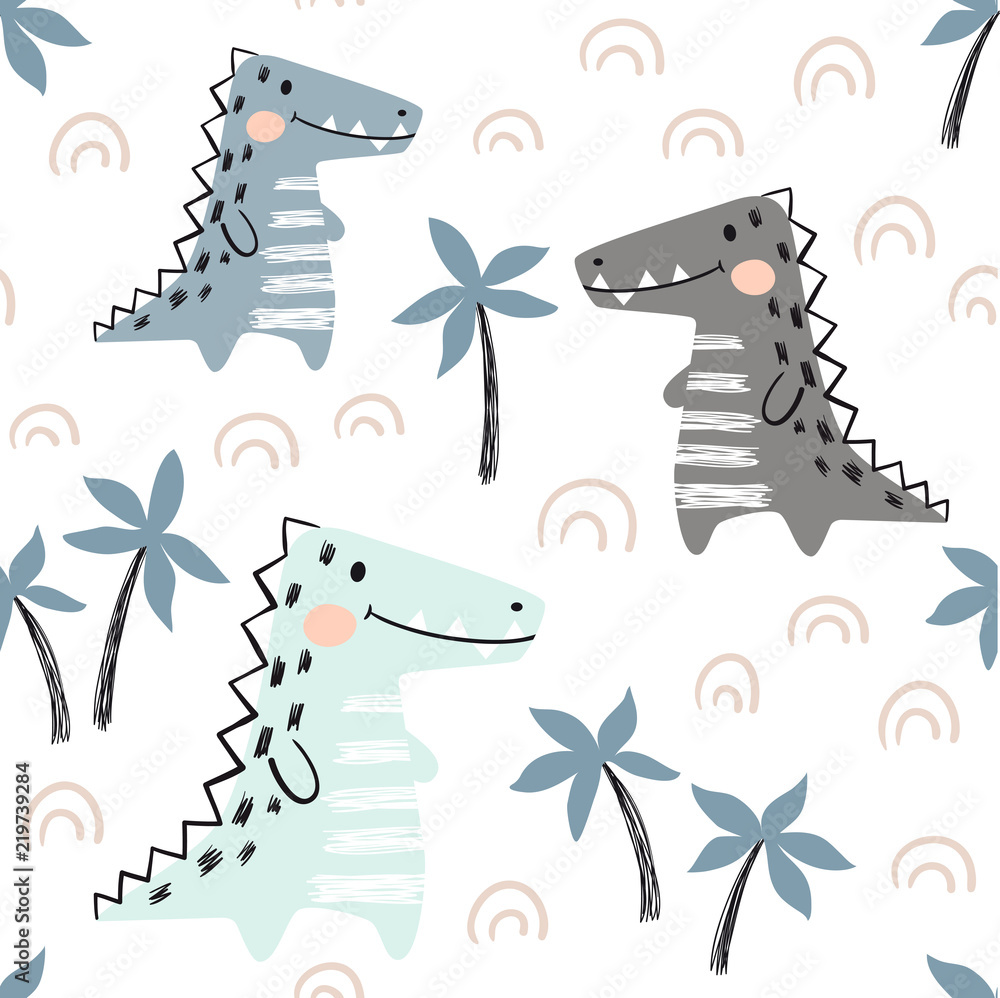 Crocodile baby seamless pattern. Dinosaur scandinavian cute print. - obrazy, fototapety, plakaty 