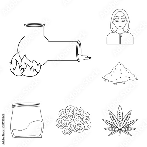 Drug addiction and attributes outline icons in set collection for design. Addict and Drug vector symbol stock web illustration.