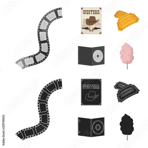 Western cinema, tickets, sweet cotton wool, film on DVD.Filmy and cinema set collection icons in cartoon,black style vector symbol stock illustration web.