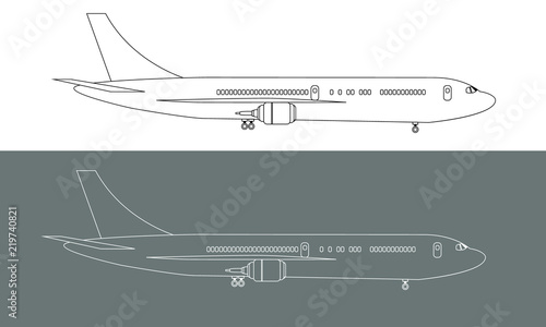 Plane drawn with lines to high detailed side view mock up. Illustrated vector.