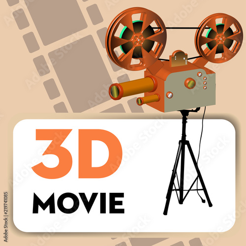 Abstract colorful background with film projector and the text 3D movie written with capital letters
