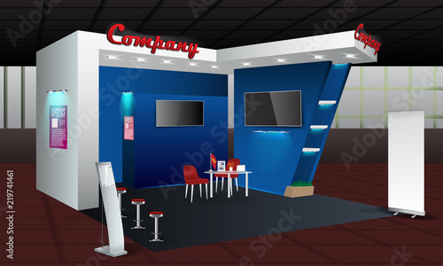 Exhibition stand display design with info board, roll up. Vector Trade booth template with Display Mock-up and corporate identity elements. Creative unique model.