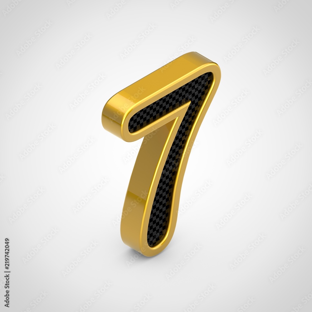 Golden number 7 with black carbon fiber face texture isolated on white background. Golden number 7 with black carbon fiber face texture isolated on white background.