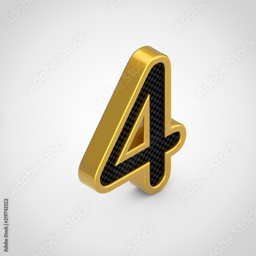 Golden number 4 with black carbon fiber face texture isolated on white background.