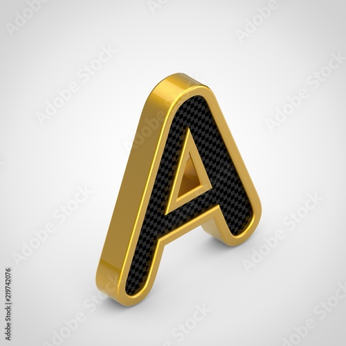 Golden letter A uppercase with black carbon fiber face texture isolated on white background.