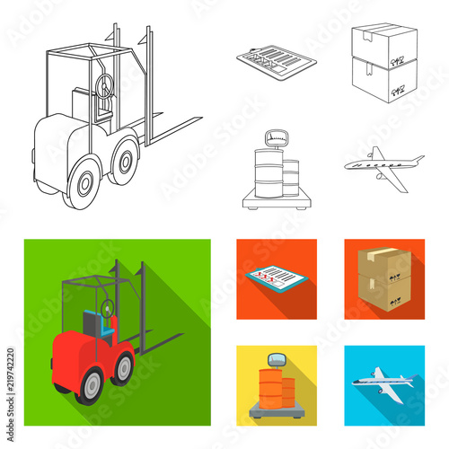 Forklift, delivery slips, packaged goods, cargo on weighing scales. Logistics and delivery set collection icons in outline,flat style isometric vector symbol stock illustration web.
