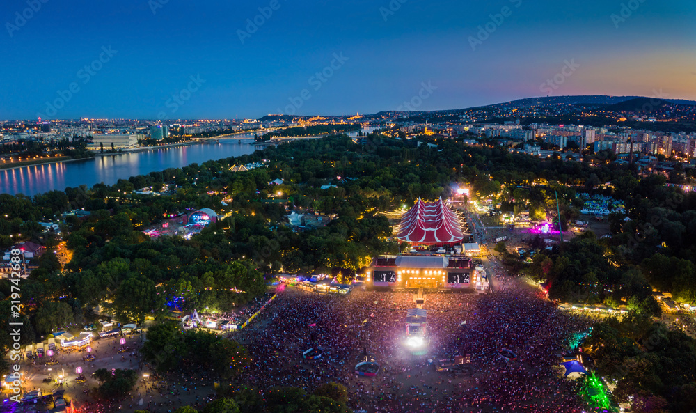 Budapest, Hungary - Aerial panormaic skyline view of Budapest at blue hour