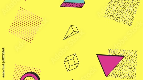 memphis three dimensional figures geometric yellow background animation hd