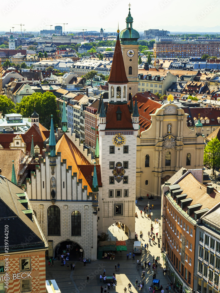Fototapeta premium Munich, Germany, on August 16, 2018. A view of Alstadt and city roofs from the survey platform of the New Town hall