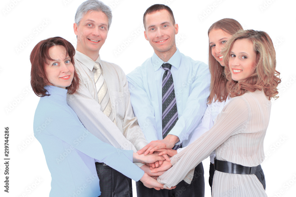 Smiling business people holding hands together in a circle again Smiling business people holding hands together in a circle again
