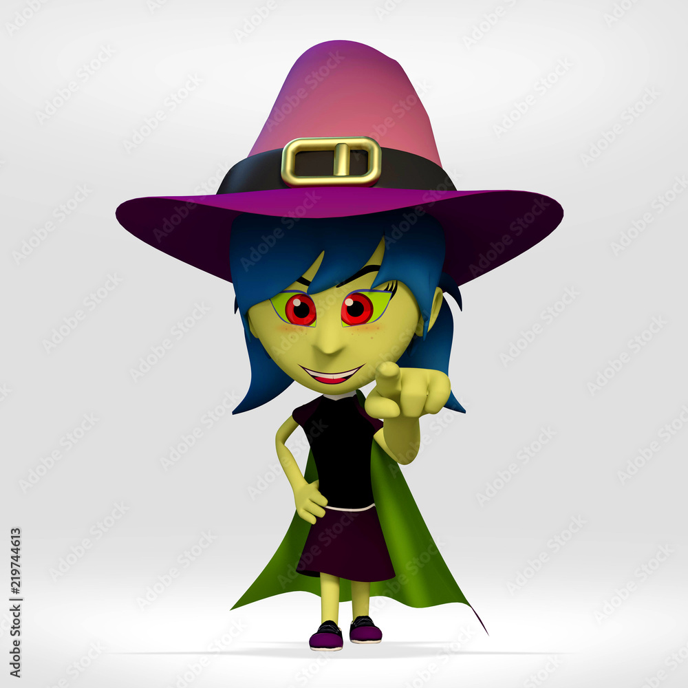 halloween, girl dressed in witch showing on white background. 3d cartoon illustration